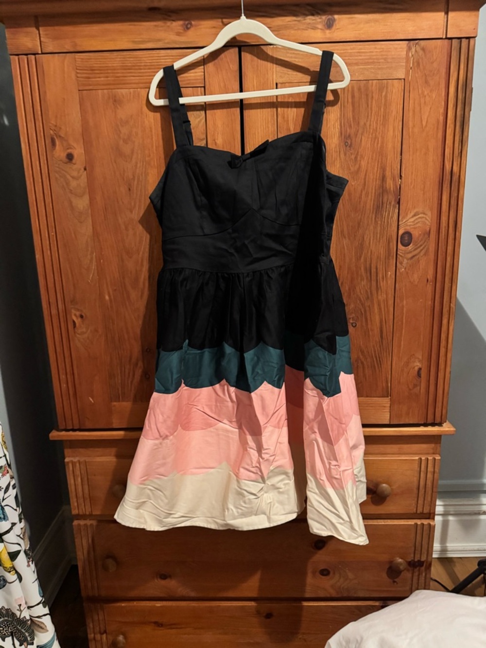Voodoo Vixen Black Bodice Colorblock Dress with Teal, Pink & Cream Skirt